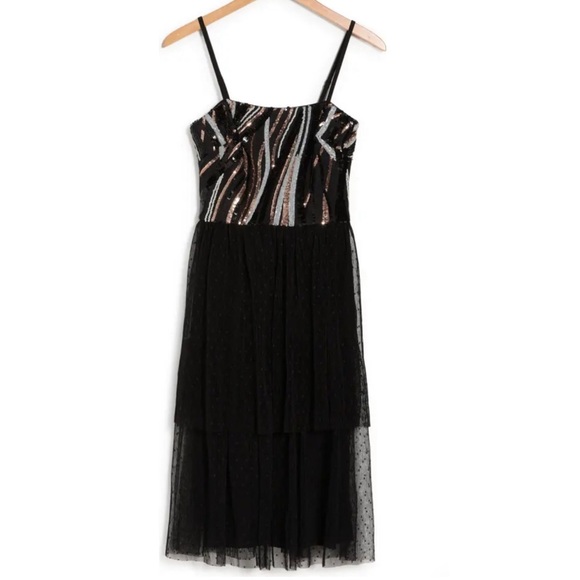 DRESS THE POPULATION Block Print Tiered Dress Black MultiColor Sequin Size XS - Picture 2 of 15